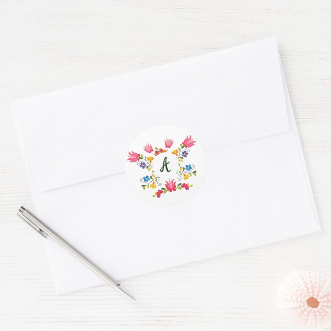Sticker Rond Broderie florale monogramme classique rond collant (Enveloppe)