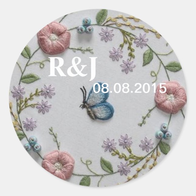 Sticker Rond Broderie rose menthe bleu floral papillon (Devant)