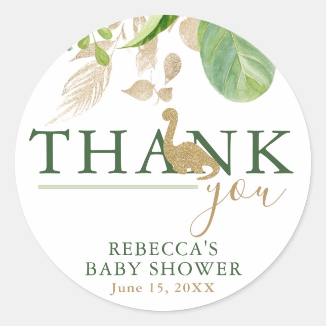 Sticker Rond Brontosaurus Dinosaur Baby shower vert et or (Devant)