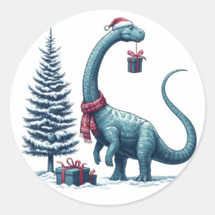 Sticker Rond Brontosaurus dinosaure de Noël
