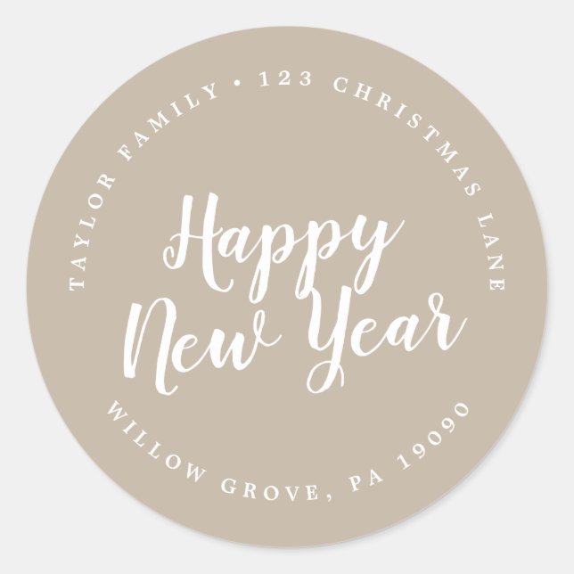 Sticker Rond Brossé Tan Happy New Year Circular Adresse de reto (Devant)