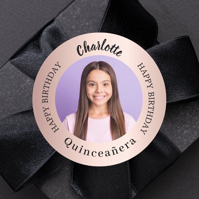 Sticker Rond Brousse en or rose photo personnalisée Quinceanera (Créateur téléchargé)