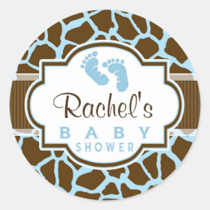 Sticker Rond Brown, Baby shower Poster de animal Blue Giraffe
