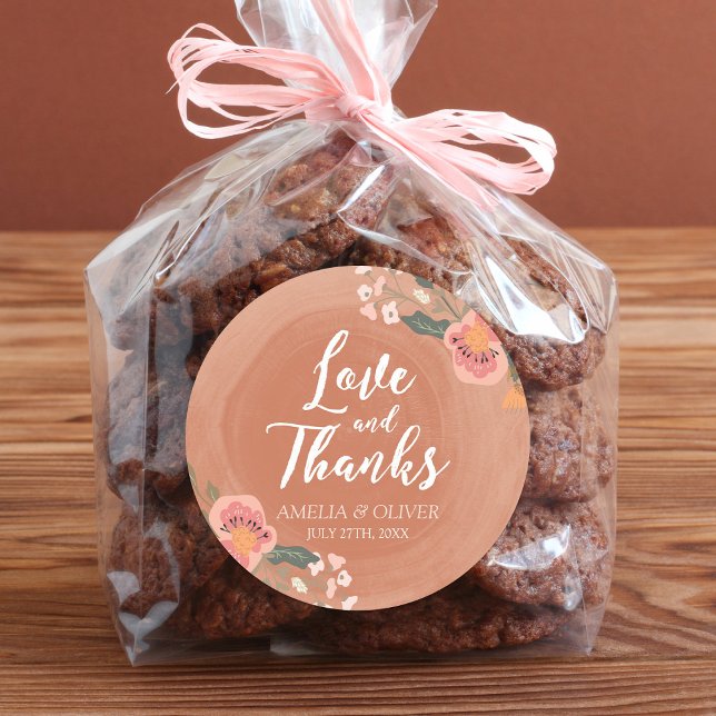 Sticker Rond Brown Bois Floral Rustique Mariage Amour et Merci (Créateur téléchargé)