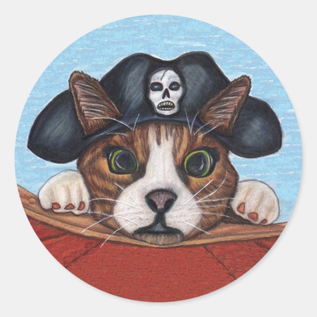 Sticker Rond Brown Cat Green Eyes Pirate Casquette Skull Red Bo (Devant)