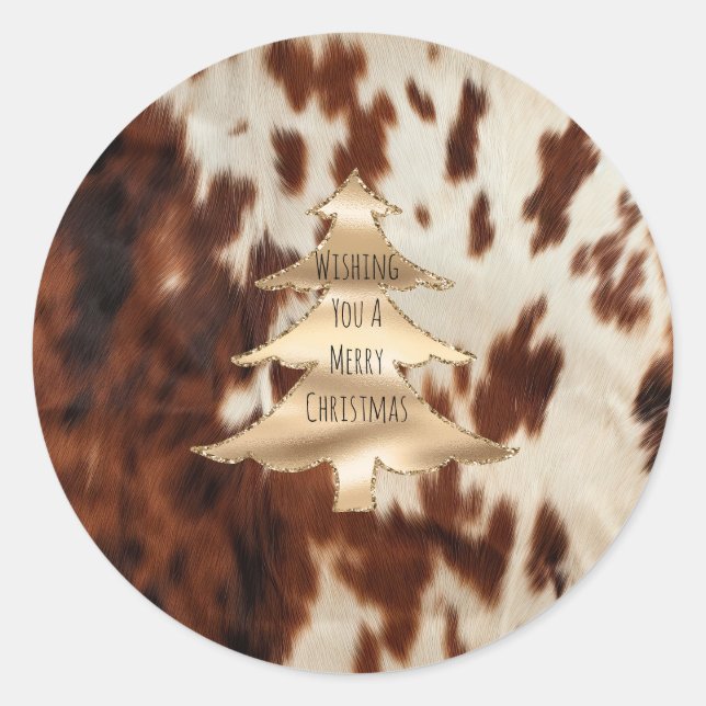 Sticker Rond Brown Cream Western Cowhide Christmas (Devant)