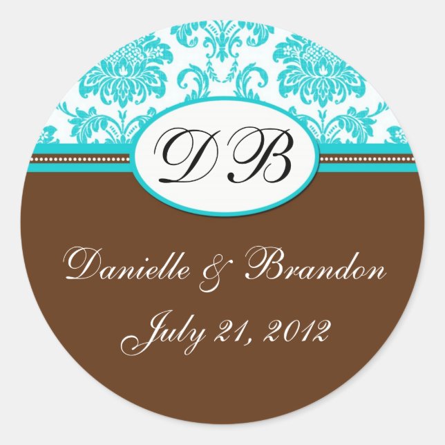 Sticker Rond Brown Mariage bleu Monogramme Damask Seal (Devant)