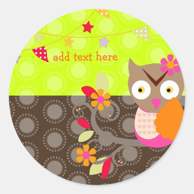 Sticker Rond Brown+Orange+Chouette rose chaude autocollants/ajo (Devant)