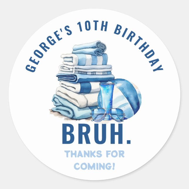 Sticker Rond BRUH Blue Pool Party Boy Anniversaire Merci (Devant)