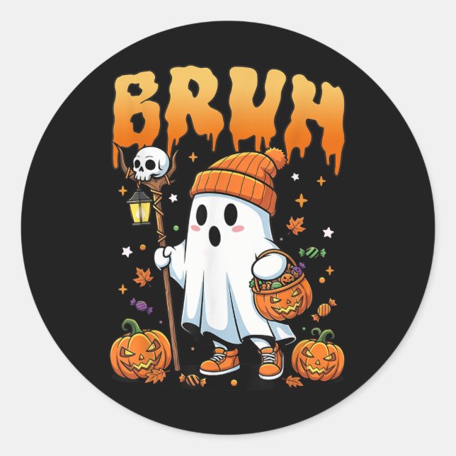 Sticker Rond Bruh Ghost Halloween mignon Ghost Tricot Ou Traite (Devant)