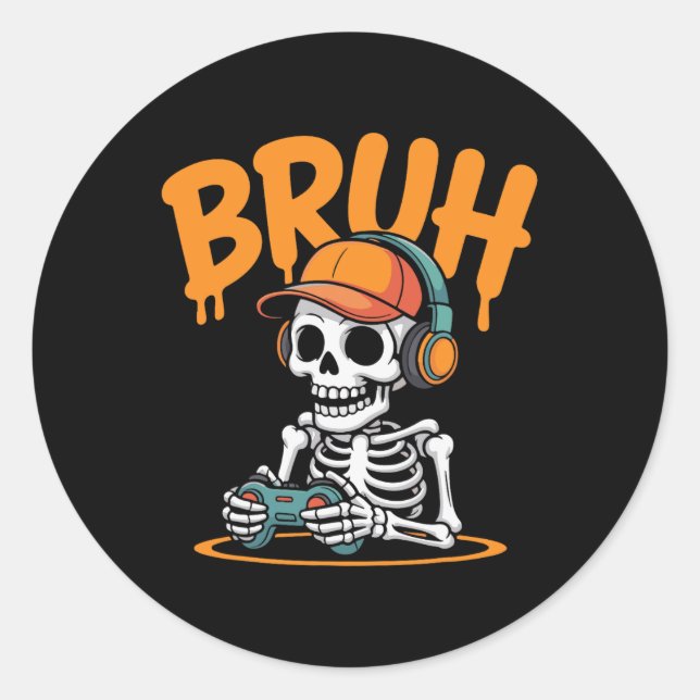 Sticker Rond Bruh Halloween Boys Kids Gamer Mens Skeleton Video (Devant)