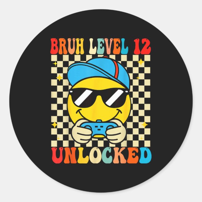 Sticker Rond Bruh Level 12 Unlocked Smile Face Video Gamer 12th (Devant)