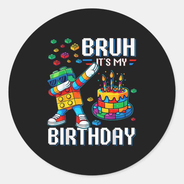 Sticker Rond Bruh Son Anniversaire Maître Constructeur Blocs (Devant)