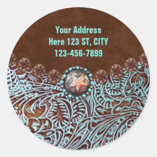 Sticker Rond brun turquoise western pays à outils cuir