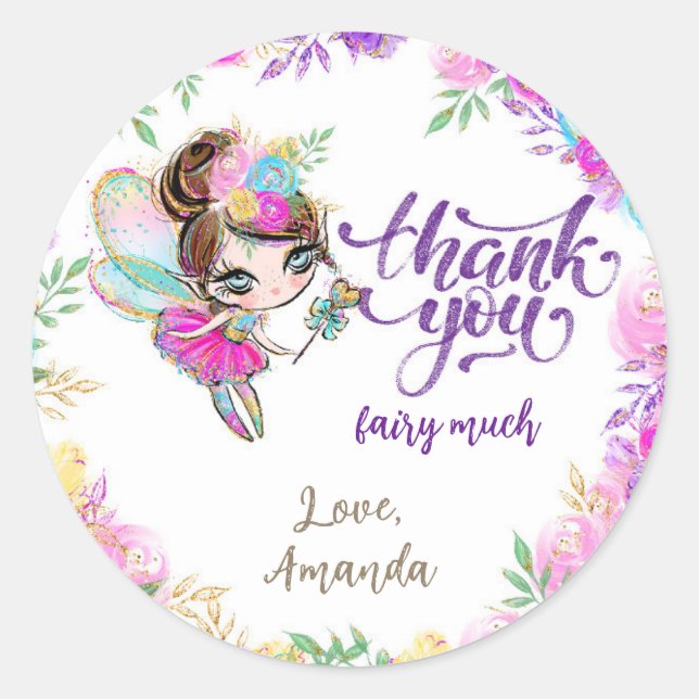 Sticker Rond Brunette Fairy Magique Anniversaire Merci de fête (Devant)