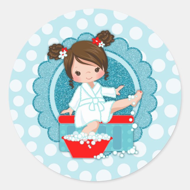 Sticker Rond Brunette Spa fille bulles Turquoise Rouge Blanc (Devant)