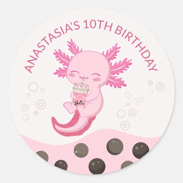 Sticker Rond Bubble rose Axolotl Lait Boba Tea Fête d'anniversa (Devant)