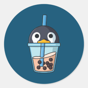 Sticker Rond Buble thé Pingouin boba perles doux Pingouins