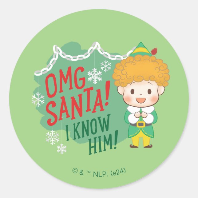 Sticker Rond Buddy l'Elf OMG Père Noël ! Je Le Connais ! (Devant)