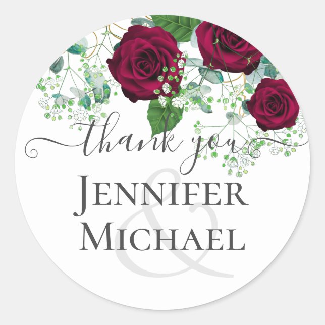 Sticker Rond BUDGET Bourgogne Rouge Roses Gypsophila MARIAGE (Devant)
