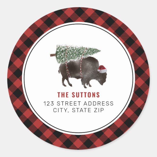 Sticker Rond Buffalo Bison Christmas Tree Red Plate Adresse (Devant)