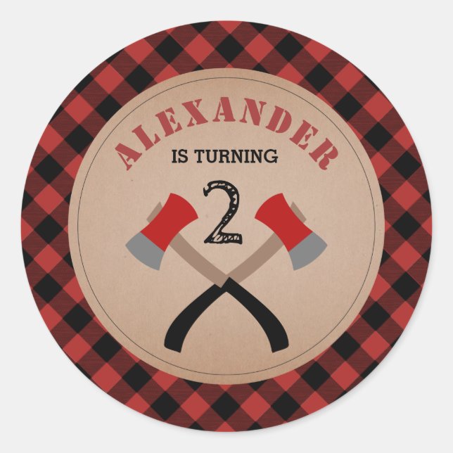 Sticker Rond Buffalo Plaid Ax Lumberjack Anniversaire (Devant)
