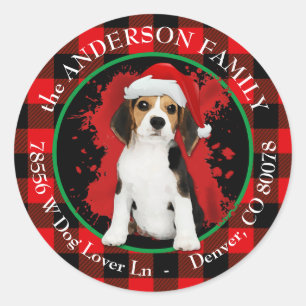 Sticker Rond Buffalo Plaid Beagle Puppy Adresse de retour