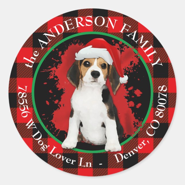 Sticker Rond Buffalo Plaid Beagle Puppy Adresse de retour (Devant)