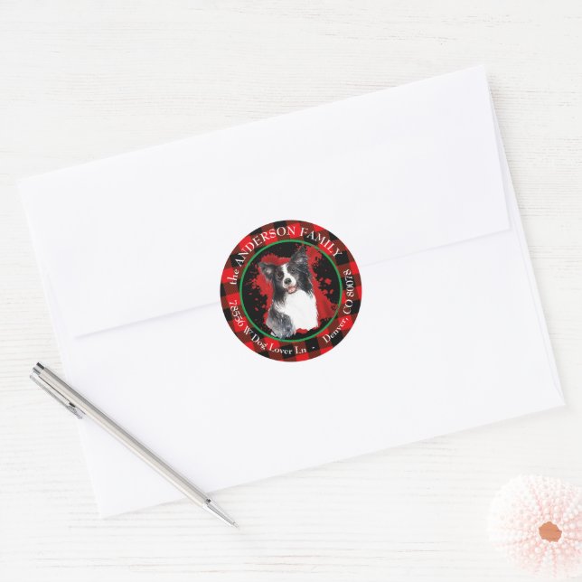 Sticker Rond Buffalo Plaid Border Collie Dog Adresse de retour (Enveloppe)