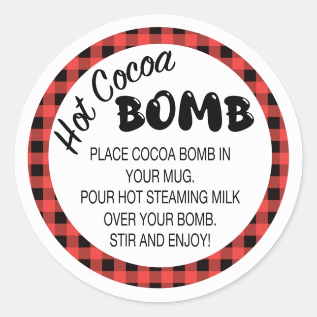 Sticker Rond Buffalo plaid Chaud cacao bombe étiquette, rouge e (Devant)