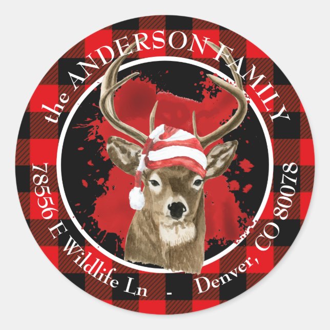 Sticker Rond Buffalo Plaid Deer Santa Hat Adresse de retour (Devant)
