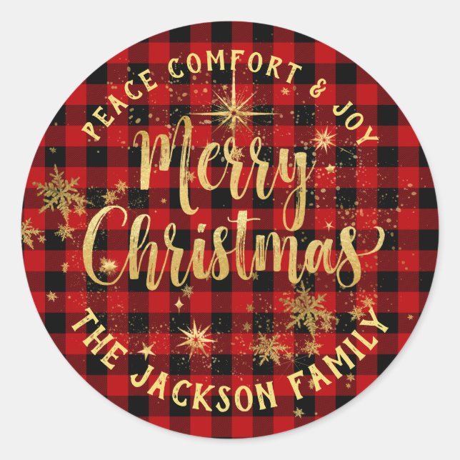 Sticker Rond Buffalo Plaid Gold Calligraphie Joyeux Noël (Devant)