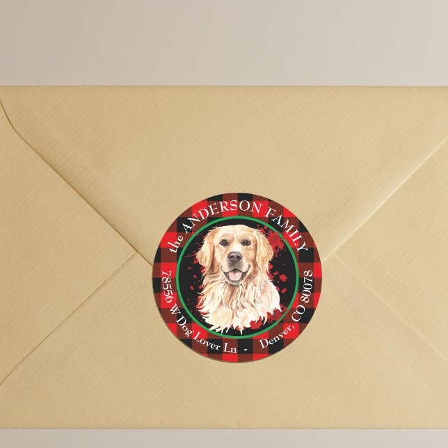 Sticker Rond Buffalo Plaid Golden Retriever Dog Adresse de reto (Créateur téléchargé)