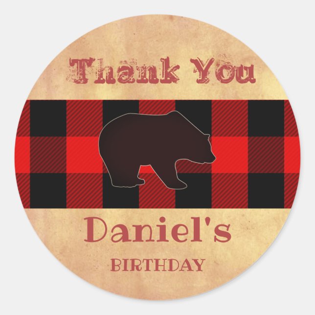 Sticker Rond Buffalo Plaid Lumberjack Anniversaire Merci Favori (Devant)