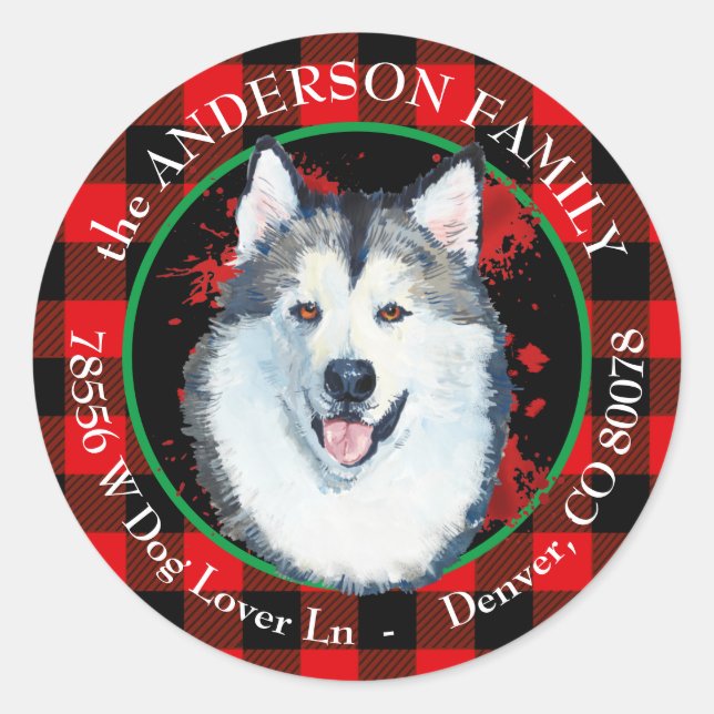 Sticker Rond Buffalo Plaid Malamute Dog Adresse de retour (Devant)