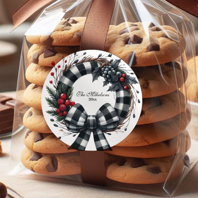 Sticker Rond Buffalo Plaid Noir et Blanc Famille Noël (Créateur téléchargé)