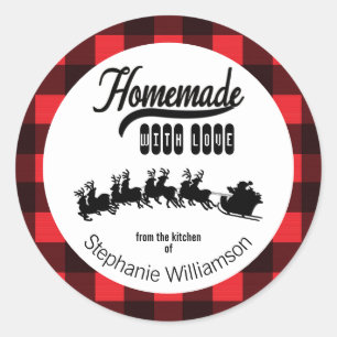 Sticker Rond Buffalo Plaid Père Noël fait maison avec un cadeau