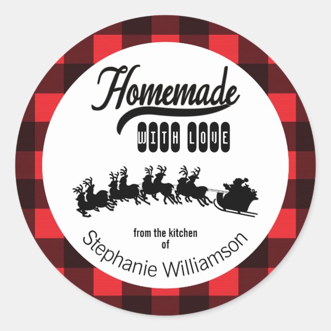 Sticker Rond Buffalo Plaid Père Noël fait maison avec un cadeau (Devant)