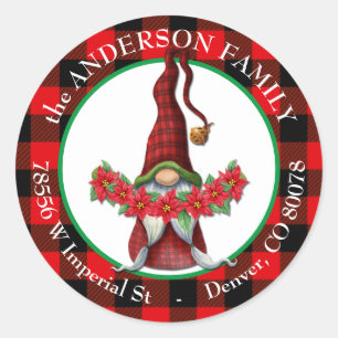 Sticker Rond Buffalo Plaid Poinsettia Gnome Adresse de retour