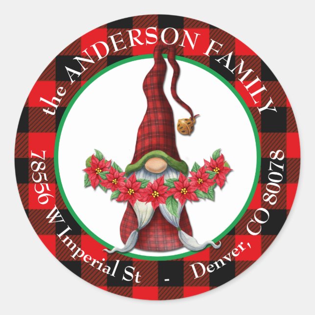 Sticker Rond Buffalo Plaid Poinsettia Gnome Adresse de retour (Devant)