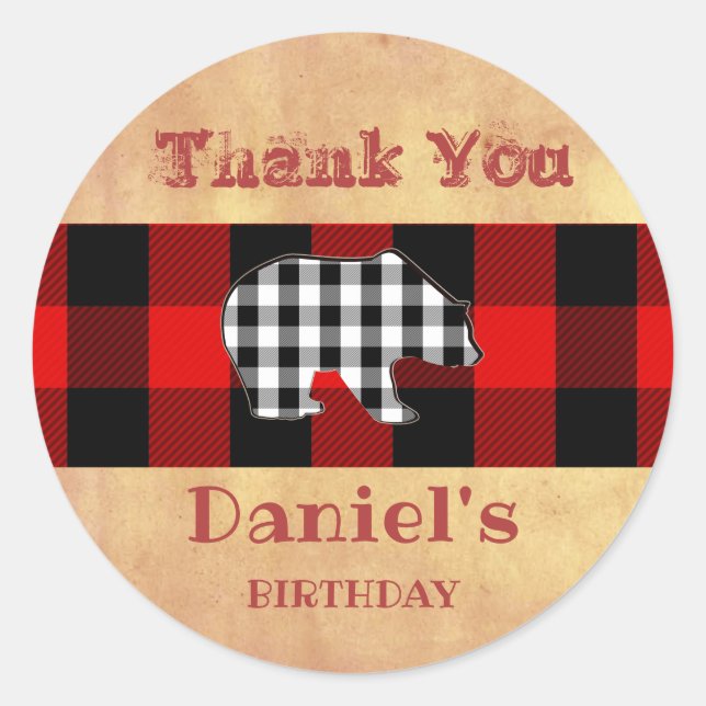 Sticker Rond Buffalo Plaid Red Lumberjack Birthday Bear Favoris (Devant)