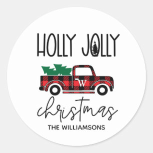 Sticker Rond Buffalo Plaid Red Truck Tree Monogramme Vintage