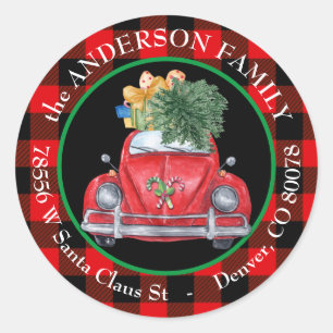 Sticker Rond Buffalo Plaid Retro Car Christmas Adresse de retou