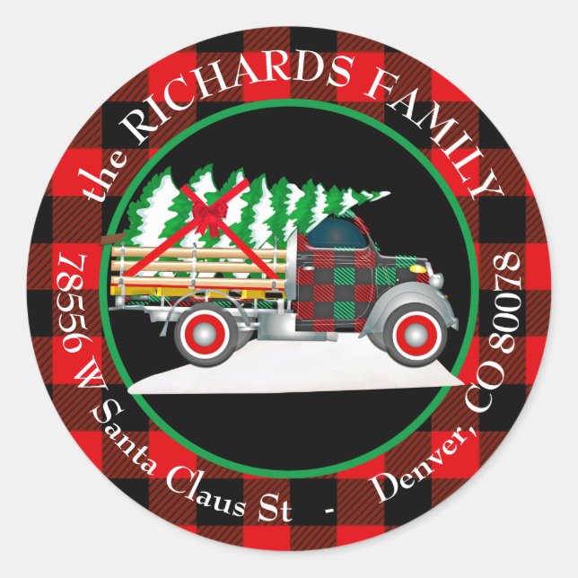 Sticker Rond Buffalo Plaid Retro Truck Christmas Adresse de ret (Devant)