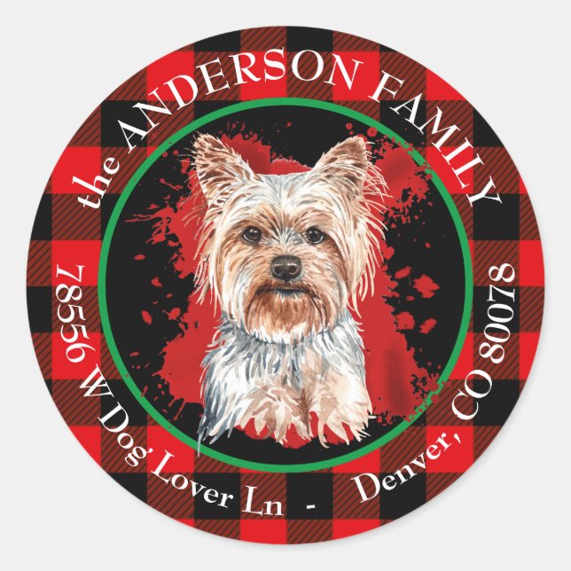 Sticker Rond Buffalo Plaid Yorkshire Terrier Adresse de retour (Devant)