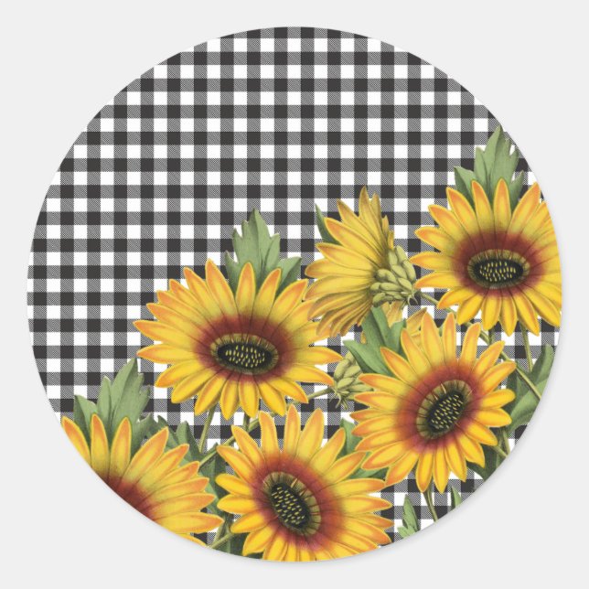Sticker Rond Buffle à carreaux noir et blanc Tournesols jaunes  (Devant)