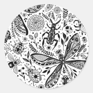 Sticker Rond Bugs de Doodle sur bleu foncé