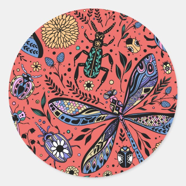 Sticker Rond Bugs de Doodle sur corail rouge (Devant)
