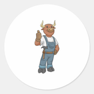 Sticker Rond Bull comme Handyman avec Hammer