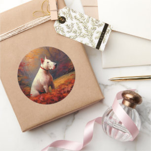 Sticker Rond Bull Terrier à l'automne Leaves automne Inspire